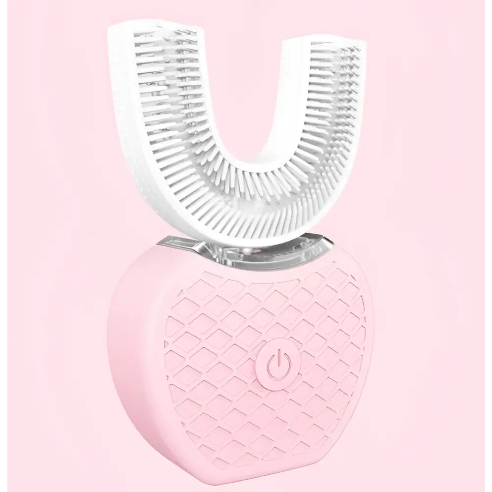 Pink heart-shaped ultrasonic electric toothbrush with white u-shaped brush head and silver accents automatic tooth cleaner