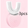 Pink heart-shaped ultrasonic electric toothbrush with white u-shaped brush head and silver charging base for automatic tooth cleaning
