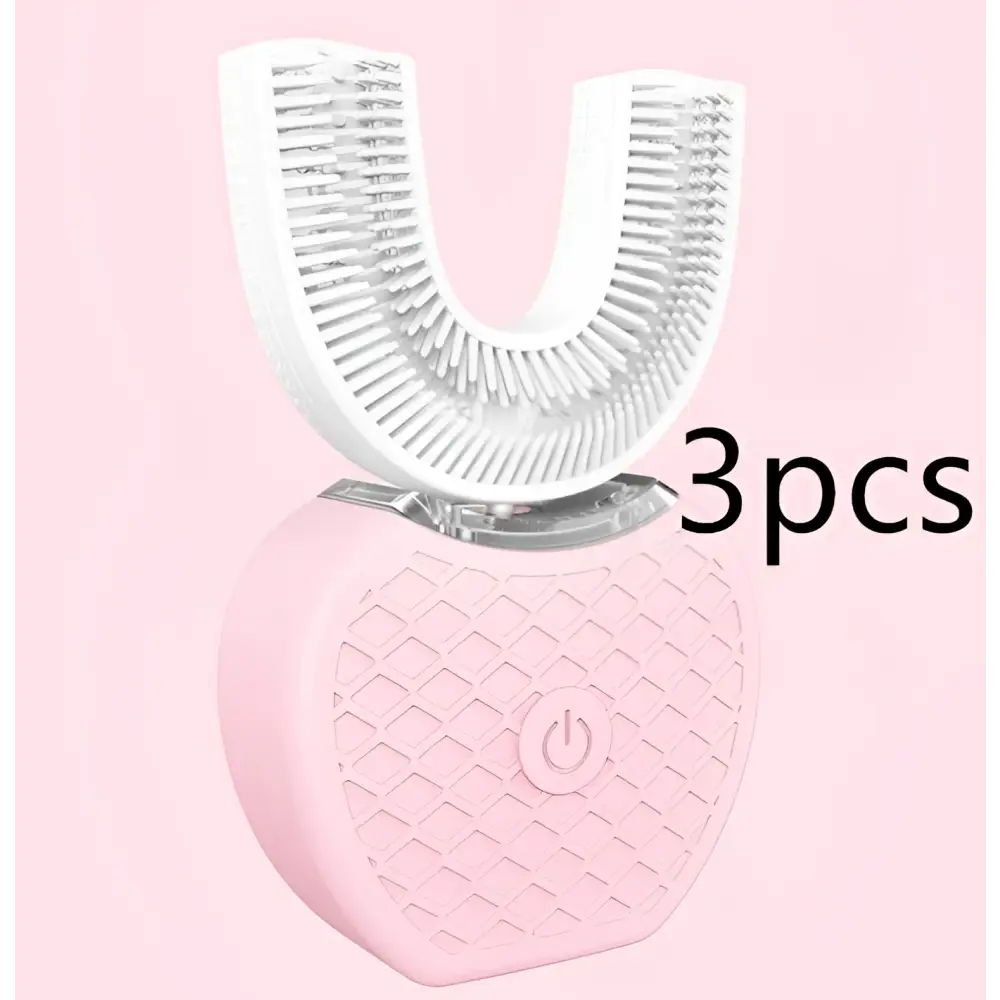 Pink heart-shaped ultrasonic electric toothbrush with white u-shaped brush head and silver charging base for automatic tooth cleaning