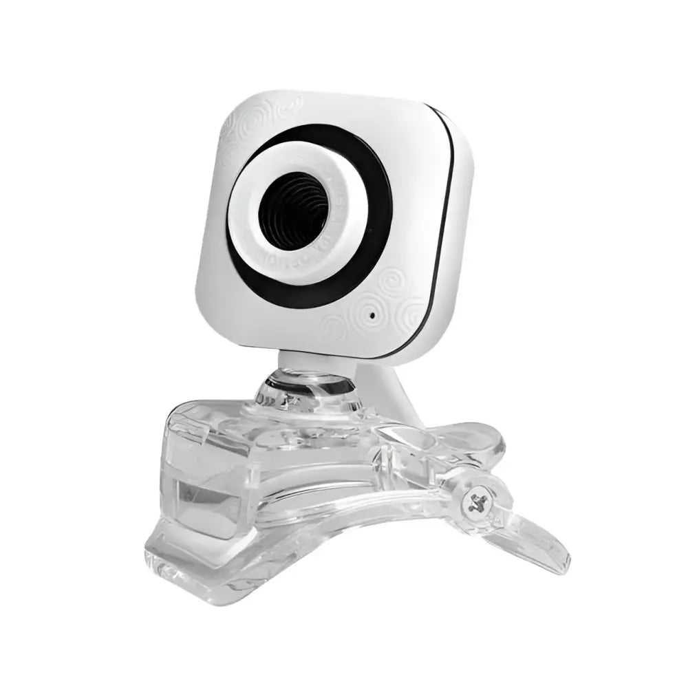 White usb drive-free camera with black circular lens mounted on clear plastic clip as an external camera accessory