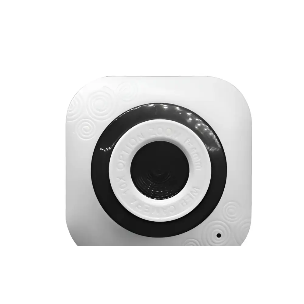 White usb drive-free camera with embossed concentric circles black lens ring and clear plastic clip base external camera