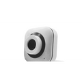 White usb drive-free camera with black circular lens ring and clear plastic clip as an external camera device