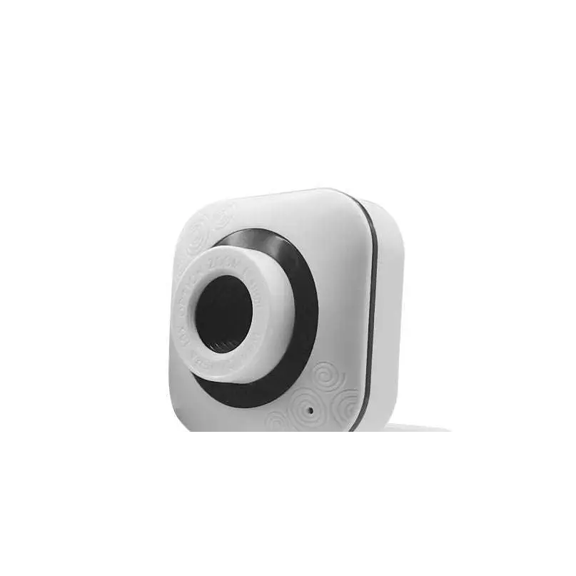 White usb drive-free camera with black circular lens ring and clear plastic clip as an external camera device