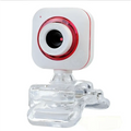 White usb drive-free camera with red accent lens and clear plastic clip base for external camera use