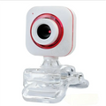 White usb drive-free camera with red accent ring and clear plastic clip mount as external camera accessory