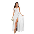 A white v neck chiffon bridesmaid dress featuring a flowing satin gown with a high slit and elegant necline