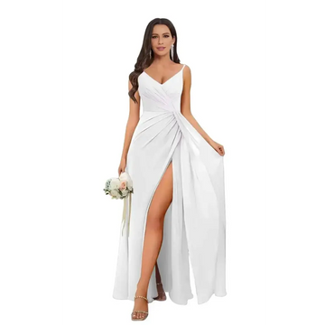 A white v neck chiffon bridesmaid dress featuring a flowing satin gown with a high slit and elegant necline