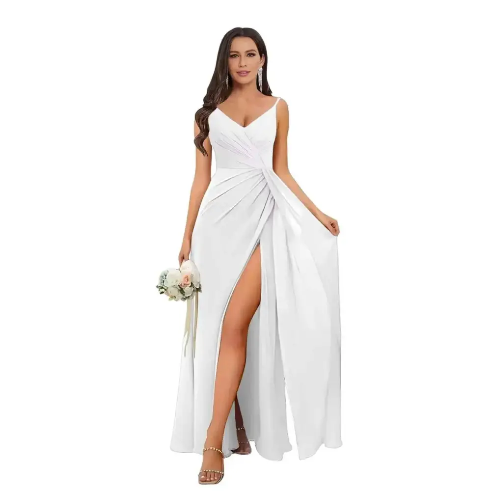 A white v neck chiffon bridesmaid dress featuring a flowing satin gown with a high slit and elegant necline