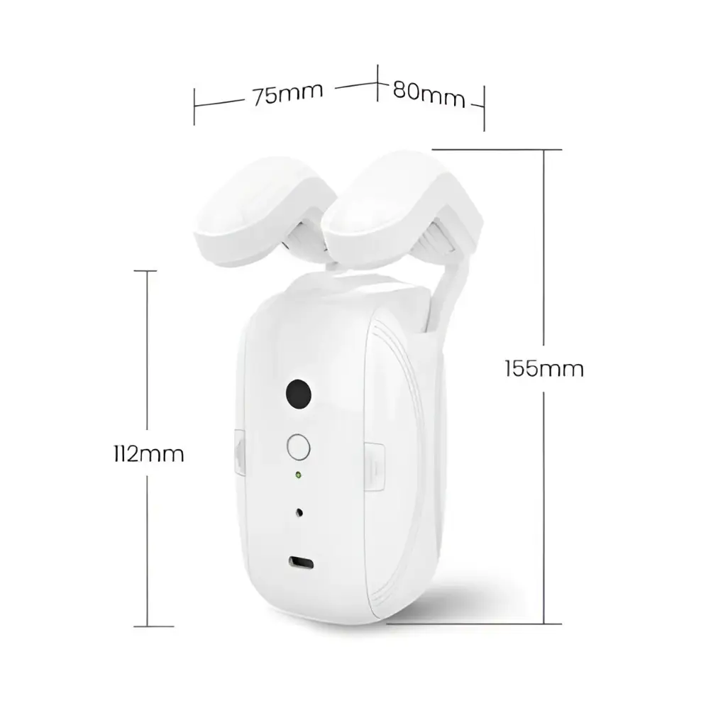 White wifi curtain robot for roman rod with sleek compact design, adjustable earpiece arms, camera lens, and control panel