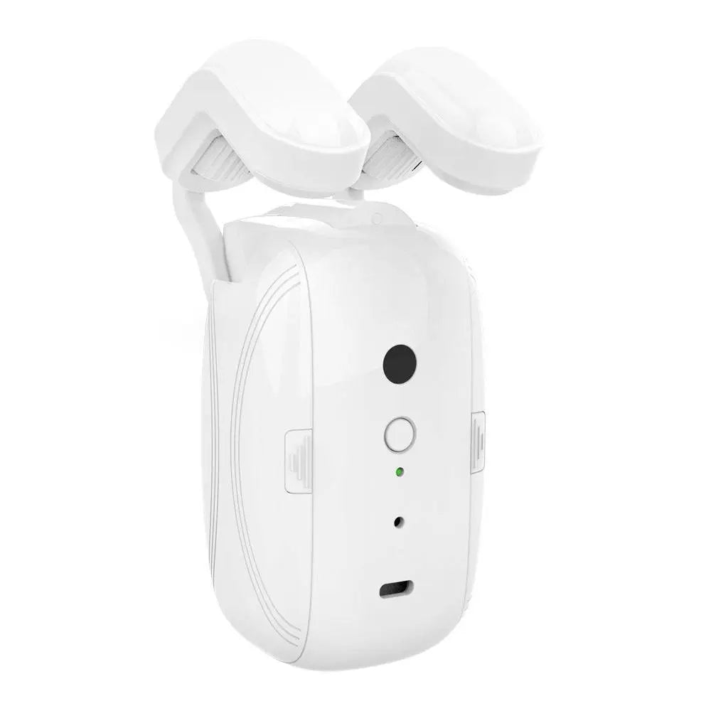 White wifi curtain robot for roman rod with sleek compact design and two adjustable arms for mounting emergency escape light