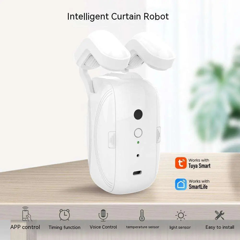 White wifi curtain robot with sleek compact design, two curved arms, and central control panel with camera lens