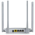 White wireless home broadband router back side with four antennas power port reset button and four ethernet ports