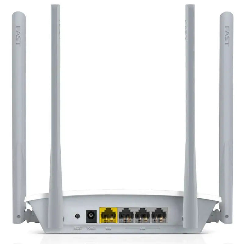 White wireless home broadband router back side with four antennas power port reset button and four ethernet ports