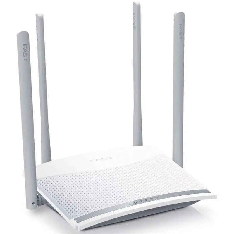White fast brand wireless home broadband router with four gray antennas and perforated front panel for broadband telecommunications