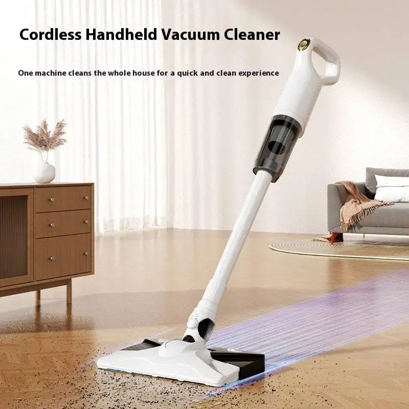 White wireless rechargeable vacuum cleaner with sleek ergonomic design and black accents on handle and base
