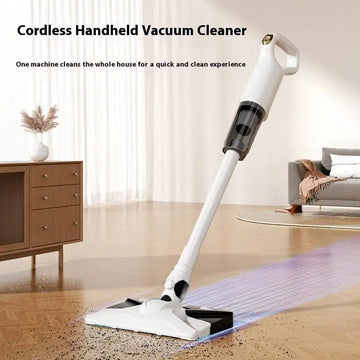 White wireless rechargeable vacuum cleaner with sleek ergonomic design and black accents on handle and base
