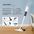 White wireless rechargeable vacuum cleaner with sleek ergonomic design and 180-degree flexible brushing head