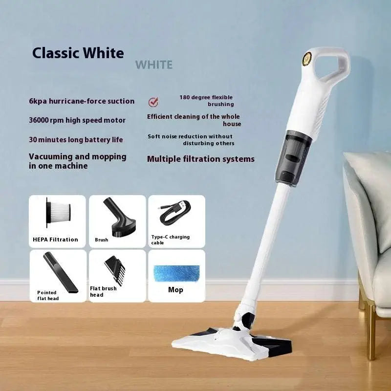 White wireless rechargeable vacuum cleaner with sleek ergonomic design and 180-degree flexible brushing head