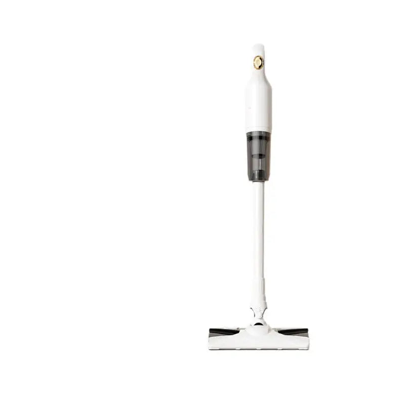 White wireless rechargeable vacuum cleaner with sleek ergonomic design, transparent dust container, and black accents