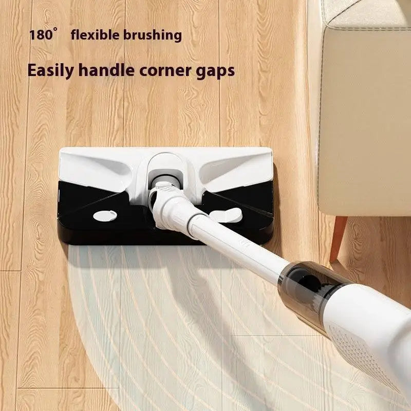 White wireless rechargeable vacuum cleaner with sleek ergonomic white and black 180° flexible brushing head for corner gaps