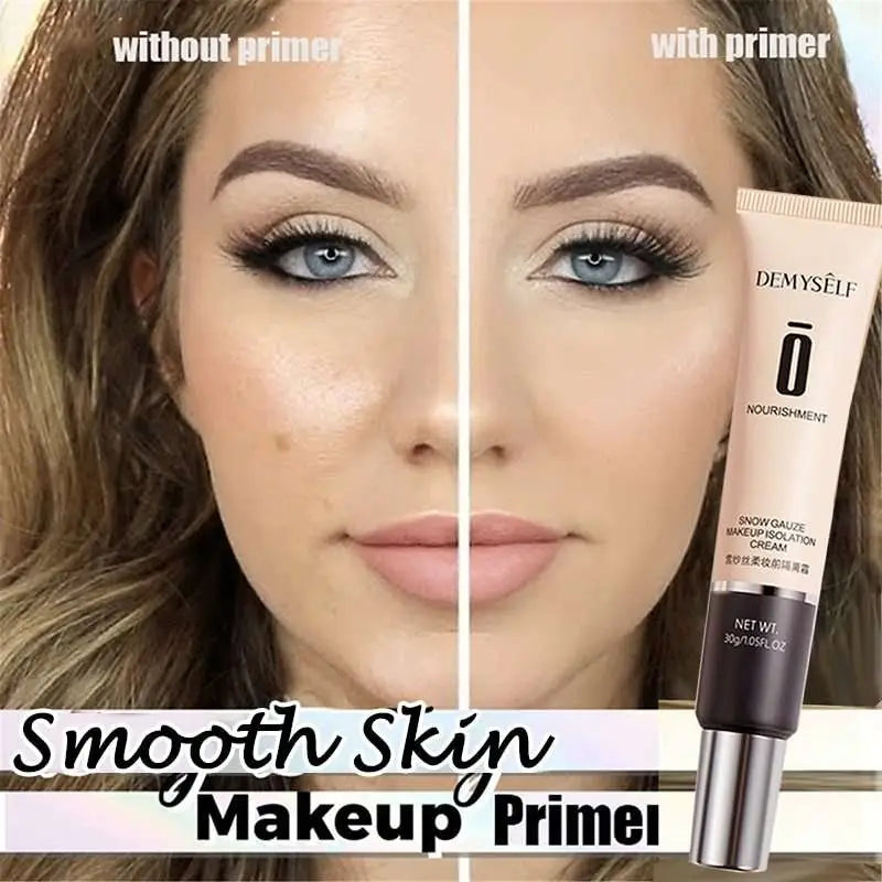 The demyself snow gauze makeup primer in a beige tube with silver cap for facial whitening skin and oil control