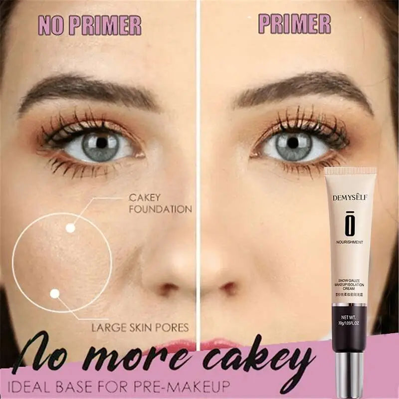 The demyself snow gauze makeup primer in a beige tube with silver cap for facial whitening skin and oil control