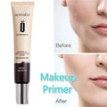 Beige and black tube of demyself nourishment snow gauze makeup primer cream with silver cap for facial whitening skin and oil control