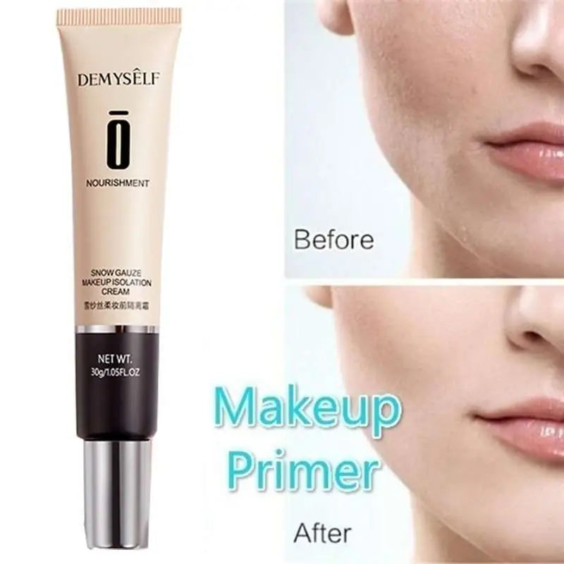 Beige and black tube of demyself nourishment snow gauze makeup primer cream with silver cap for facial whitening skin and oil control