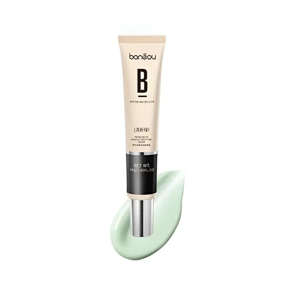 Beige and black bansoul b super-high coverage makeup primer tube with silver cap showing light greenish-beige snow gauze makeup swatch