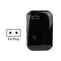 Black plastic wifi signal amplifier wireless router with glossy finish labeled wifi repeater on top surface