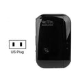 Black plastic wifi signal amplifier wireless router with a glossy finish labeled wifi repeater on the front