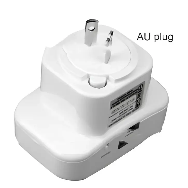 White plastic au plug adapter with two round pins and grounding clip for amplifier wireless router wifi signal amplifier