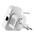 White plastic eu plug wifi signal amplifier wireless router with built-in ethernet port and regulatory labeling back view