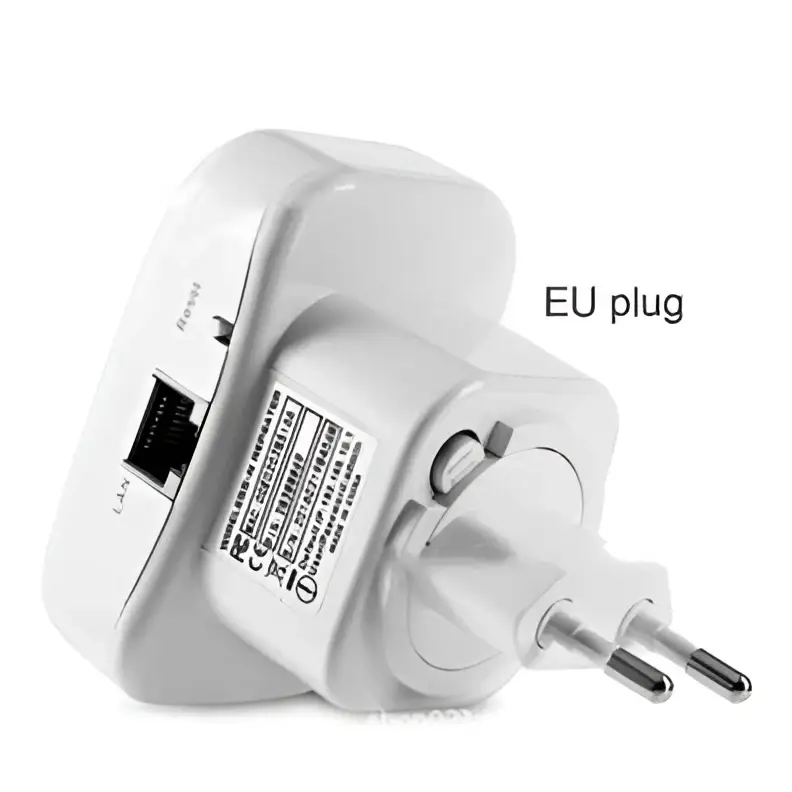 White plastic eu plug wifi signal amplifier wireless router with built-in ethernet port and regulatory labeling back view