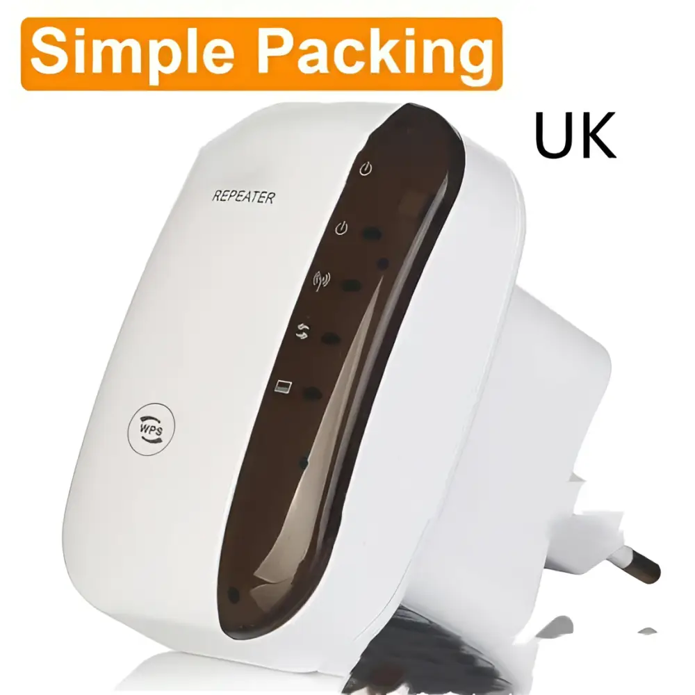 White and brown plug-in wifi signal amplifier wireless router repeater with compact design and black plastic wifi elements