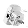 White plastic wifi signal amplifier wireless router showing us plug and ethernet port on the back side
