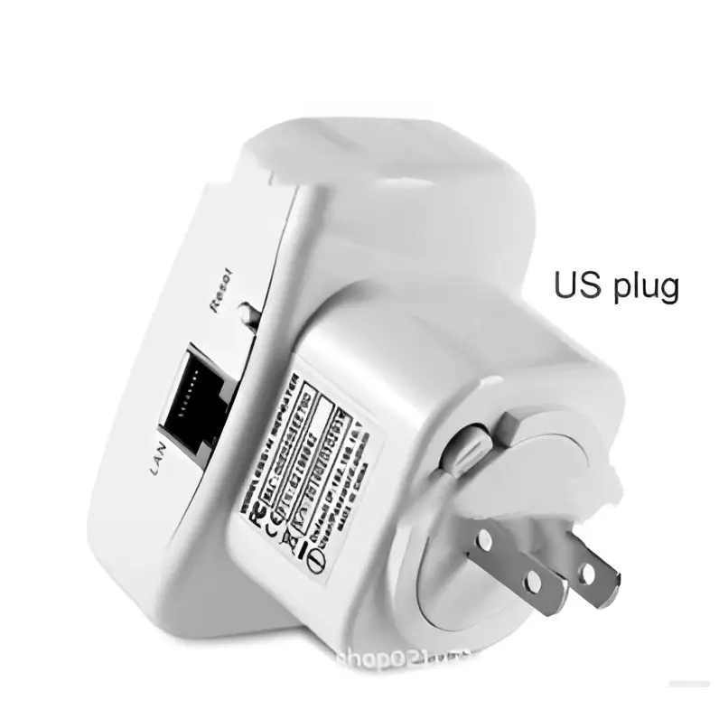 White plastic wifi signal amplifier wireless router showing us plug and ethernet port on the back side