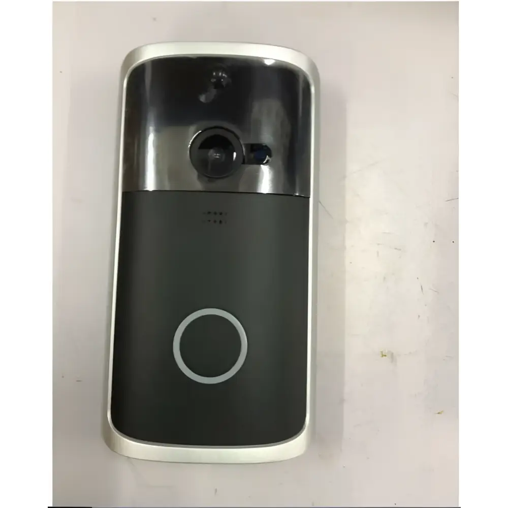 Black and silver wifi video doorbell with a circular button and blue led ring for enhanced security monitoring