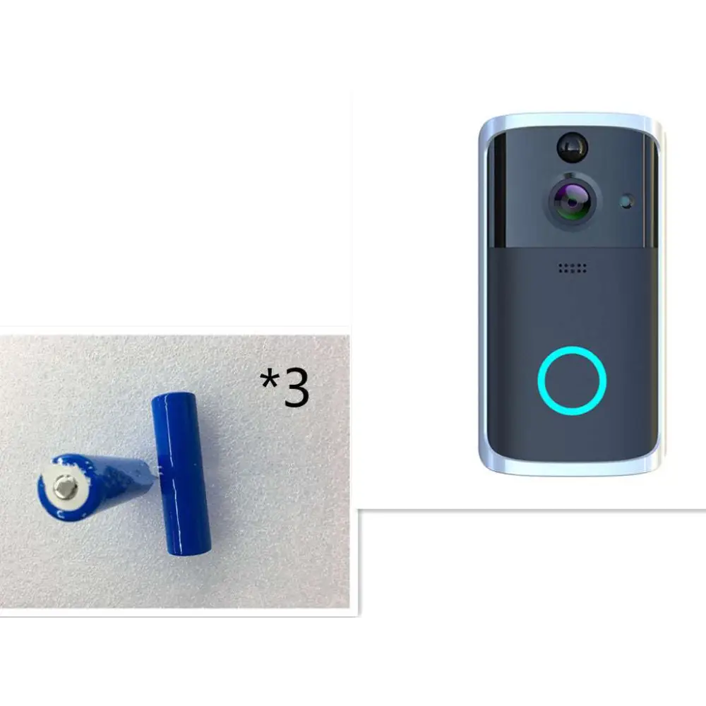 Blue cylindrical batteries for wifi video doorbell with blue led ring and black rectangular wifi camera housing