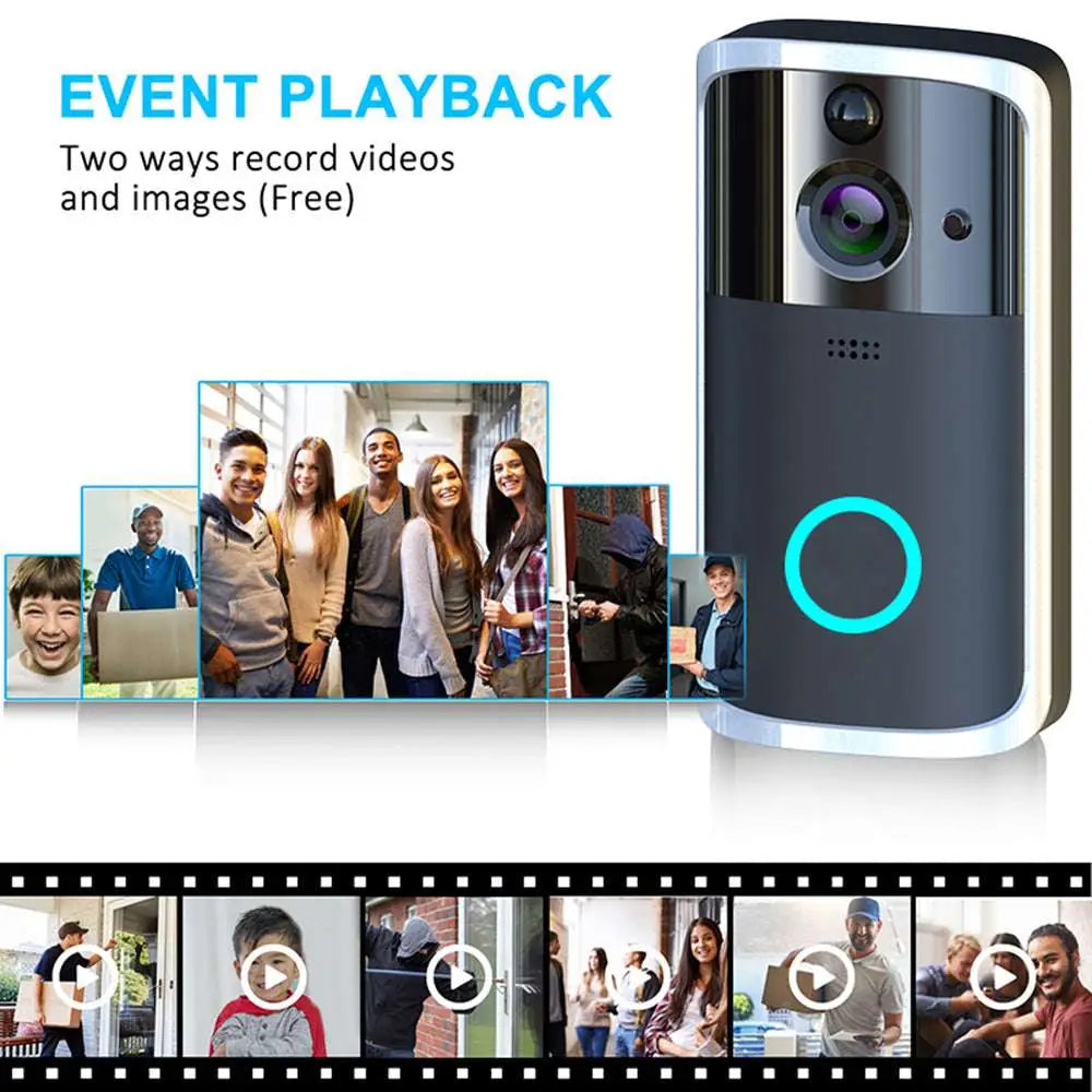 Modern black rectangular wifi video doorbell camera with a blue led ring for secure home monitoring