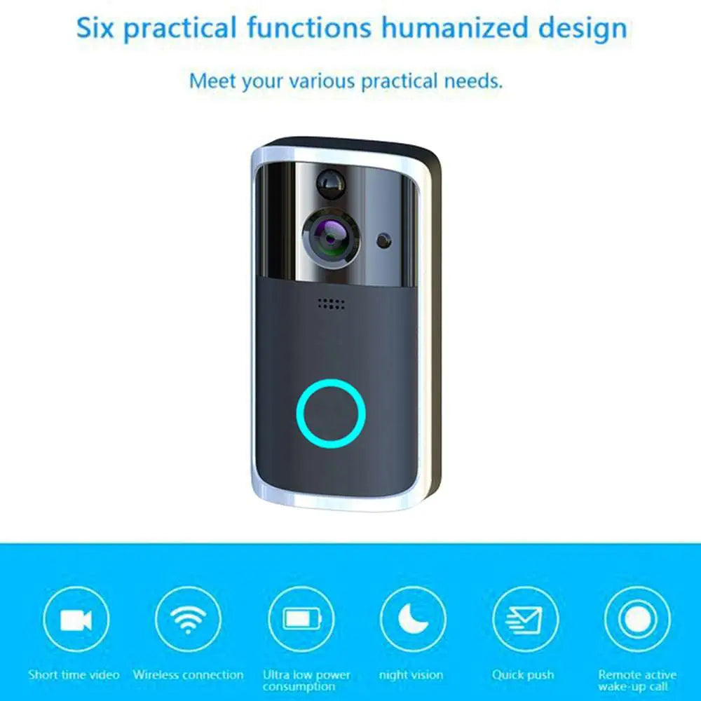 Modern black rectangular wifi video doorbell with sleek silver finish and circular camera lens with active blue led ring
