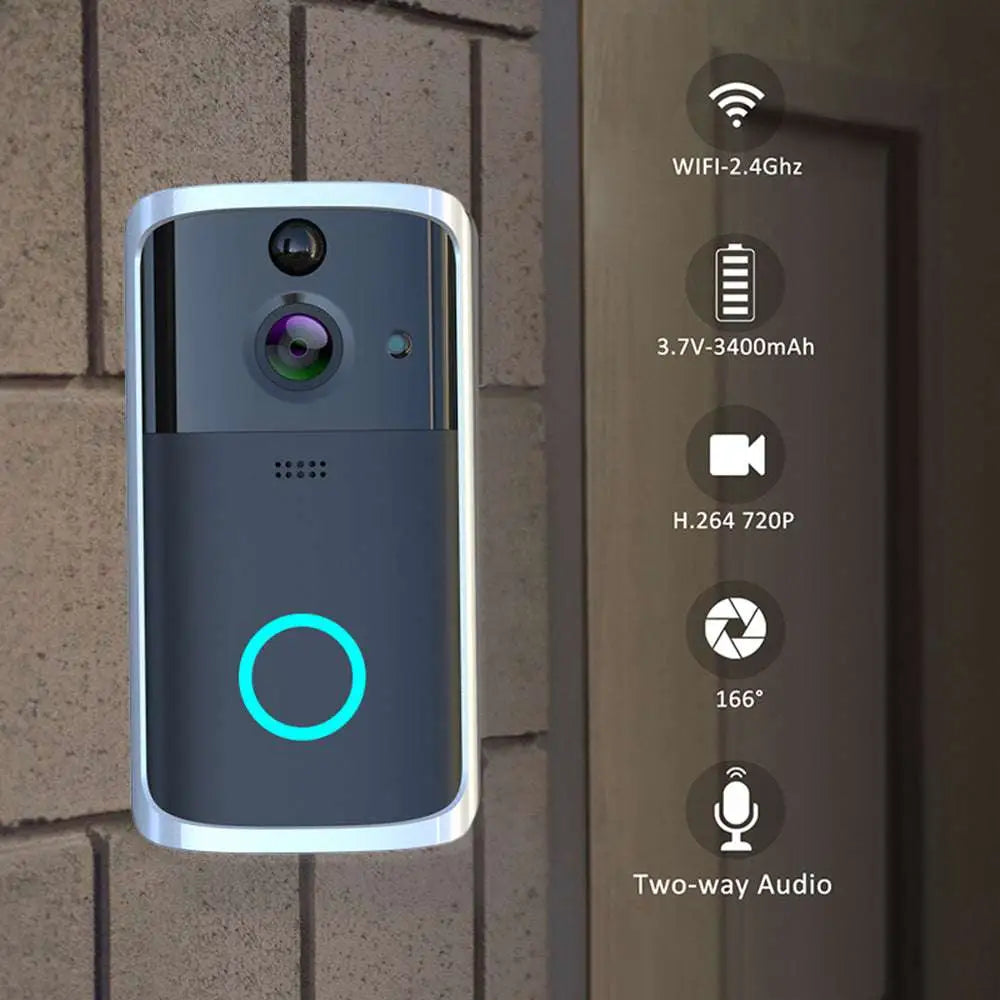Gray and white wifi video doorbell camera with blue led ring featuring camera lens and sensor array for home security