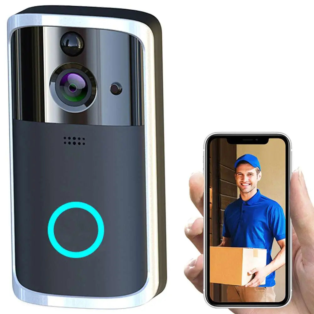 Modern black rectangular wifi video doorbell with sleek silver finish and circular camera lens with active blue led ring