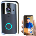 Modern black rectangular wifi video doorbell with sleek silver finish and circular camera lens with active blue led ring