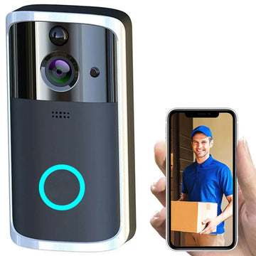 Modern black rectangular wifi video doorbell with sleek silver finish and circular camera lens with active blue led ring
