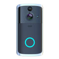 Modern black rectangular wifi video doorbell camera with sleek silver design and a circular blue led ring at the bottom