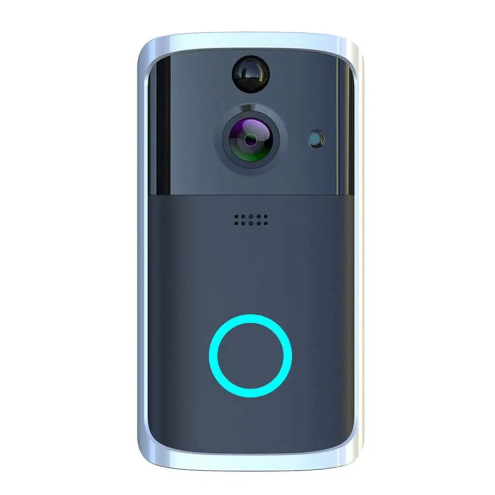 Modern black rectangular wifi video doorbell camera with sleek silver design and a circular blue led ring at the bottom