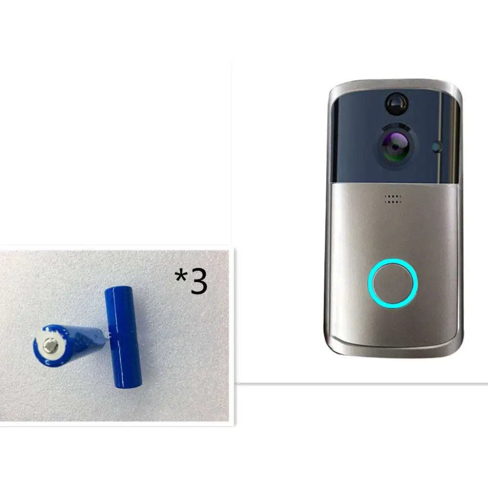 Silver and black rectangular wifi video doorbell camera with a glowing blue led ring for home security