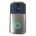 Silver-finished wifi video doorbell with blue led ring and integrated camera lens in a sleek modern design