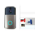 Silver and black wifi video doorbell camera with a circular blue led ring and black rectangular wifi design